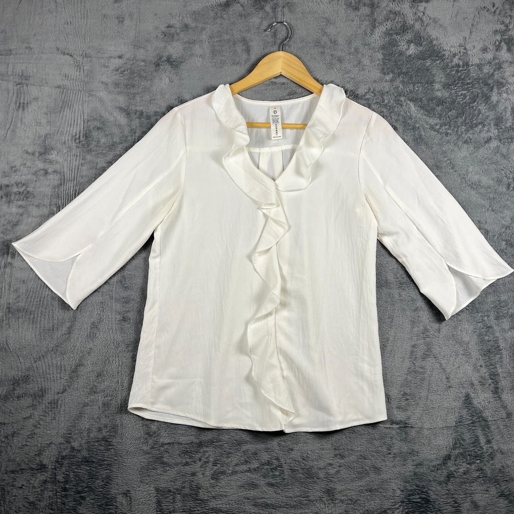 Blooming Jelly Blouse Top Womens Small White V Neck Ruffled Front Tulip Sleeve
